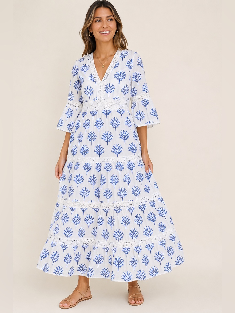 Madison Mathews Blue White Block Print Tree Maxi Dress Size S